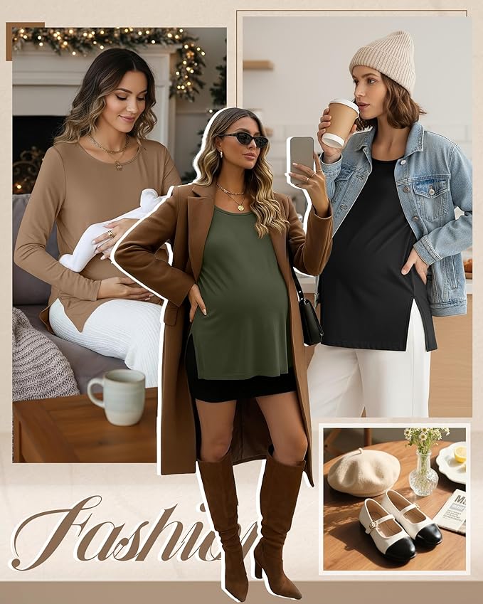 Riyiper 3 Pack Women's Maternity Long Sleeve T-Shirts Round Neck Side Split Tops Loose Casual Pregnancy Mama Clothes Fall