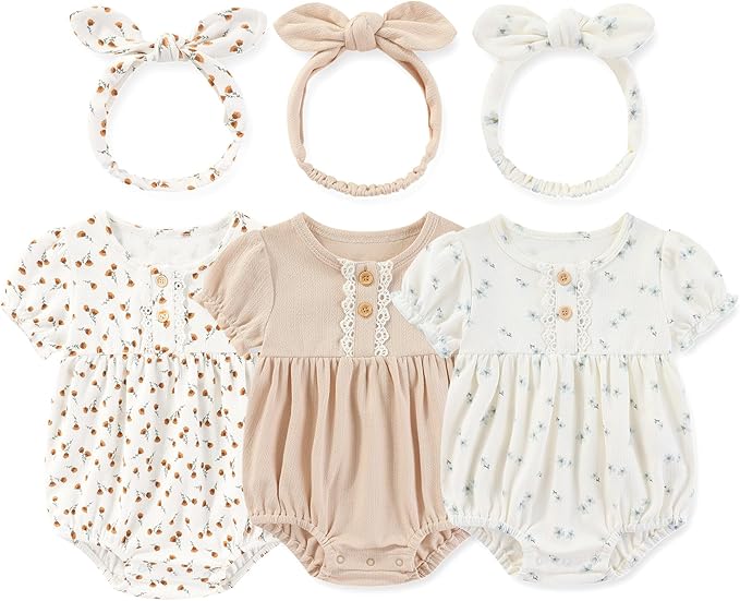 Newborn Baby Girl Clothes Cotton Bubble Romper Floral Short Sleeve Bodysuit 3 Pack