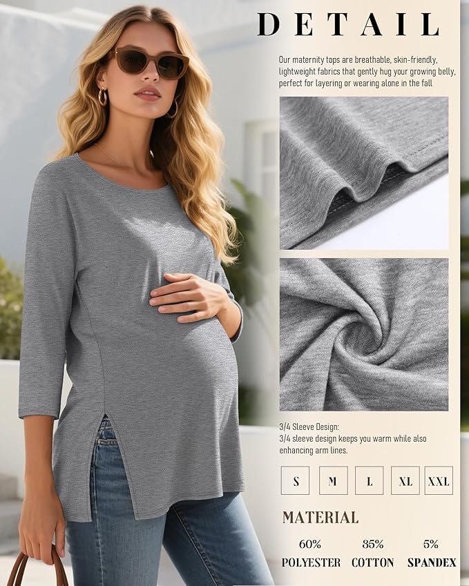 3 Pack Women's 3/4 Sleeve Maternity Shirts Elbow Length Clothes Round Neck Tunics Pregnancy Loose Side Split Tops