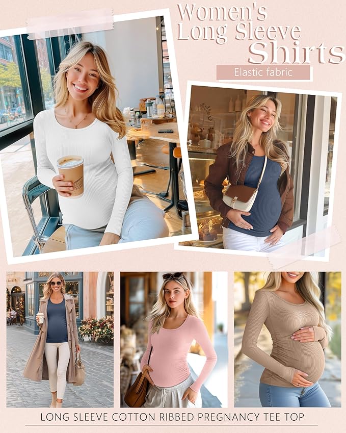 Riyiper 4 Pack Women's Maternity Shirts, Long Sleeve Cotton Ribbed Pregnancy Tee Top Crewneck Side Ruched Casual Mama Clothes