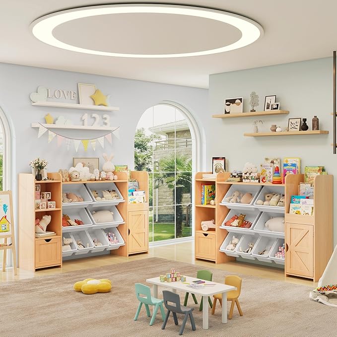 Vabches 55" Large Kids Toy Organizer with 8 Toy Storage Tubs, Storage Boxes and Storage Racks, Tiered Bookshelf and 7 Storage Cubbies, Kids Bookshelf, Playroom Storage and Storage Boxes(Oak)