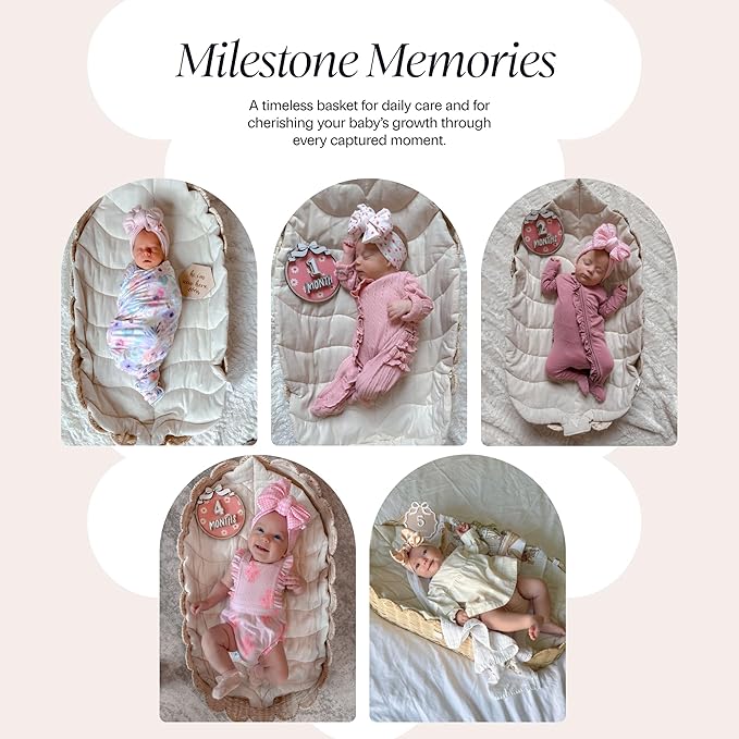 Bebe Bask Premium Baby Changing Basket - Artisan-Crafted Scalloped Rattan - Changing Basket for Baby Dresser - All Accessories Included - Complete Set for Nursery (Natural)