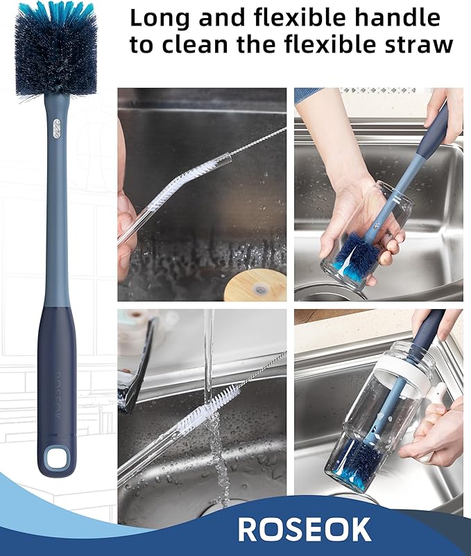 2in1 Bottle Scrubbing Brush with Straw Brush has Long and Comfortable Handle, Cleaning Glass, Sports Bottle, Coffee Mug,1 Pack, Grayish Blue