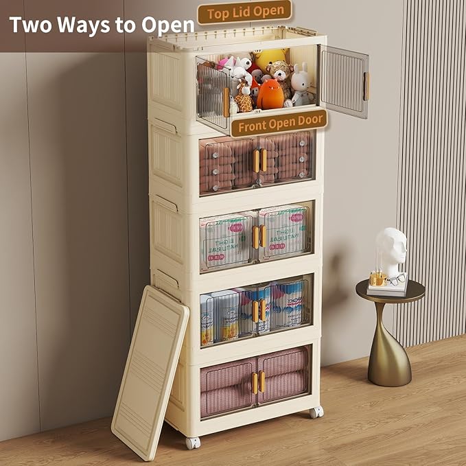 5 Tier Stackable Plastic Storage Bins with Lids 48QT, Collapsible Closet Organizers and Storage with Wheels for Living Room,Office,Dorm