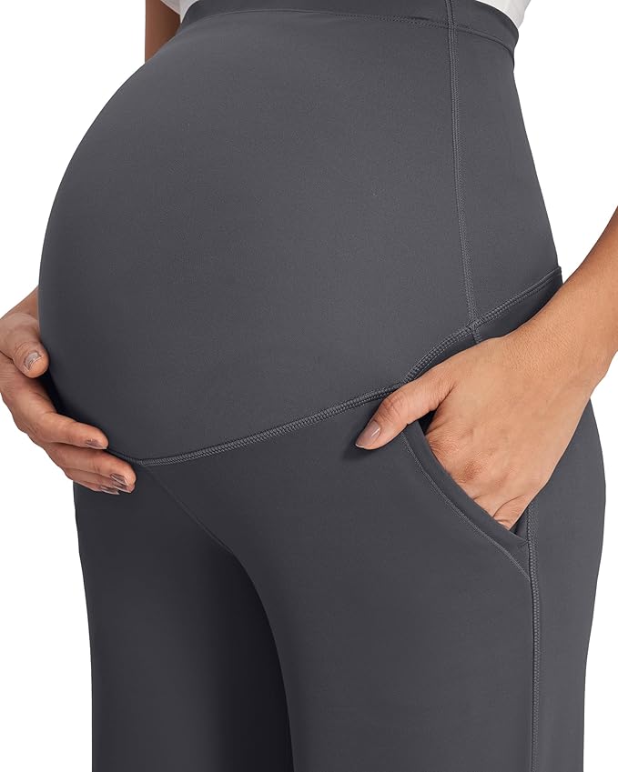 G4Free Fleece Lined Maternity Yoga Pants Over The Belly Stretchy Wide Leg Warm Pregnancy Work Trousers with Pockets