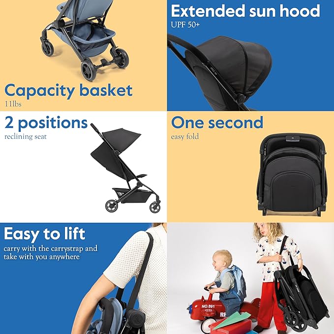 Joolz Dot Ultra Lightweight Travel Stroller for Toddler – Compact & Airplane Stroller (only 12.2lbs) -One-Handed Folding Design - UPF 50+ Canopy - Reclining Seat - Space Black