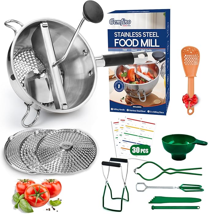 Food Mill Stainless Steel With 3 Grinding Discs and Complete Canning Supplies Starter Kit of 8-Includes Tongs, Jar Lifter, Wrench, Lid Lifter, measurer,Funnel,Labels,Multifunctional Spoon(GJ-OG-GR)