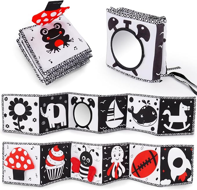 Black and White High Contrast Toys for Baby 0-3 3-6 months Infant Tummy Time Soft Book Sensory Musical Toy 0-2-4-6 month Babies Brain Development Montessori Crinkle Book Mirror Newborn Shower Gifts