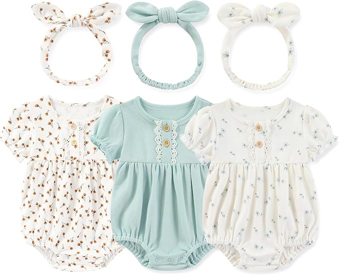 Newborn Baby Girl Clothes Cotton Bubble Romper Floral Short Sleeve Bodysuit 3 Pack