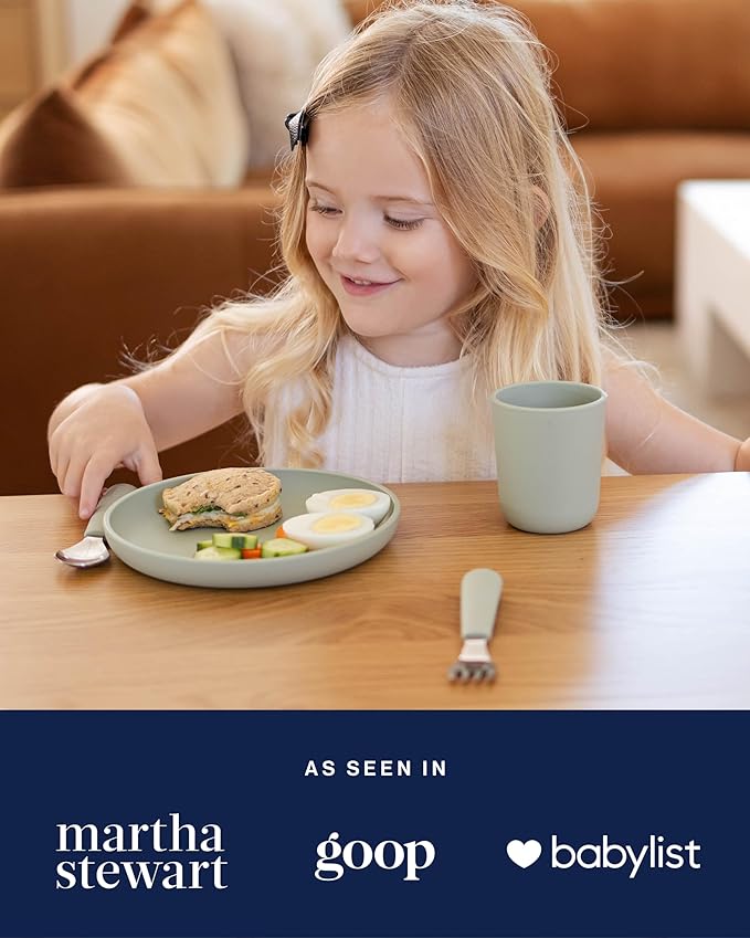 Lalo Big Bites Kids Dinnerware Full Set - Dishwasher Safe, BPA Free, Kids Tableware Set - Includes Stackable Bowl, Plate, Utensils & Cup - 7 Pieces - Grapefruit