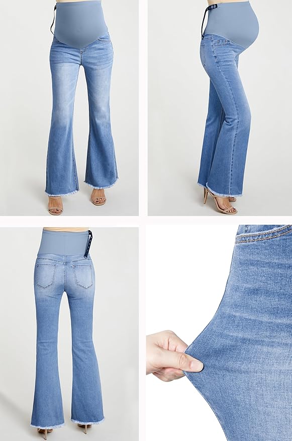 BLENCOT Maternity Jeans for Women Over Belly Pregnancy Pants Comfy Pregnant Jeans Flare Denim Jeans with Pockets