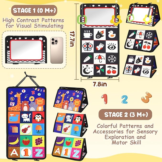 URMYWO Tummy Time Toy - Black and White High Contrast Baby Toys for Newborn - Baby Visual Stimulation Mirror - Montessori Sensory Crinkle Toy for Infant 0-3-6-12 Months - Shower Gift for Boy Girl