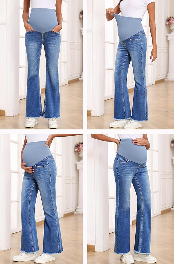 BLENCOT Maternity Jeans for Women Over Belly Pregnancy Pants Comfy Pregnant Jeans Flare Denim Jeans with Pockets