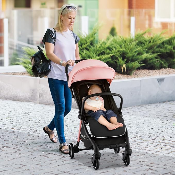 BABY JOY Lightweight Baby Stroller, Compact Travel Stroller for Airplane, Infant Toddler Stroller w/Adjustable Backrest & Canopy, Storage Basket, Self Standing Gravity Fold, Aluminium Frame (Pink)
