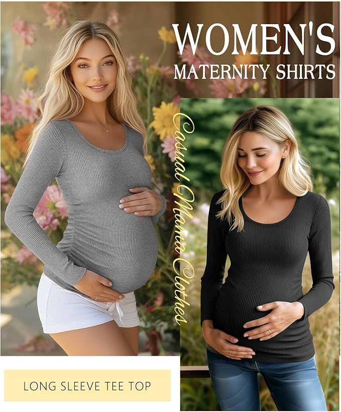 Riyiper 4 Pack Women's Maternity Shirts, Long Sleeve Cotton Ribbed Pregnancy Tee Top Crewneck Side Ruched Casual Mama Clothes