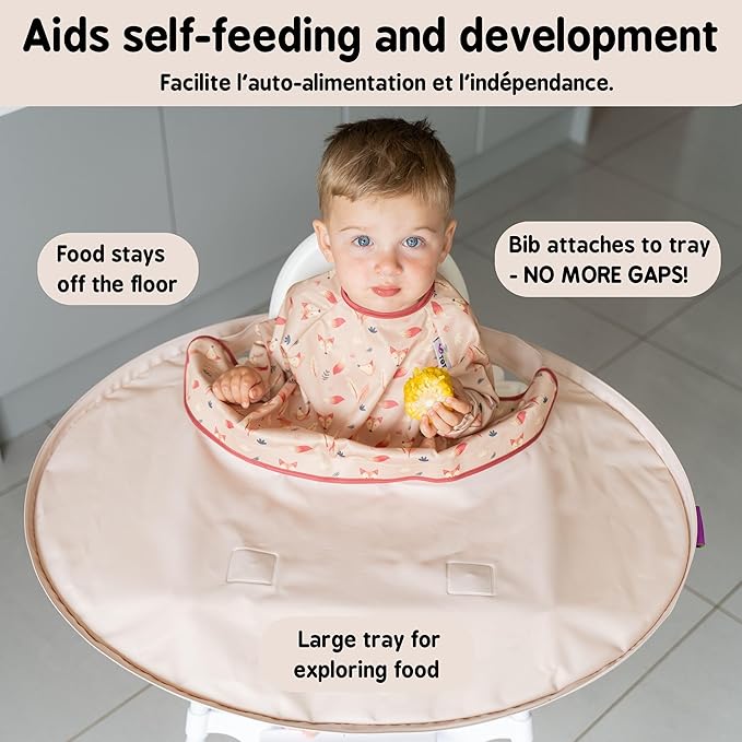 Tidy Tot- Baby Bib & Tray Kit - Mess Proof Long Sleeve Smock Attaches to Feeding Mat, Waterproof Bib - Fits Babies 6-24 Month