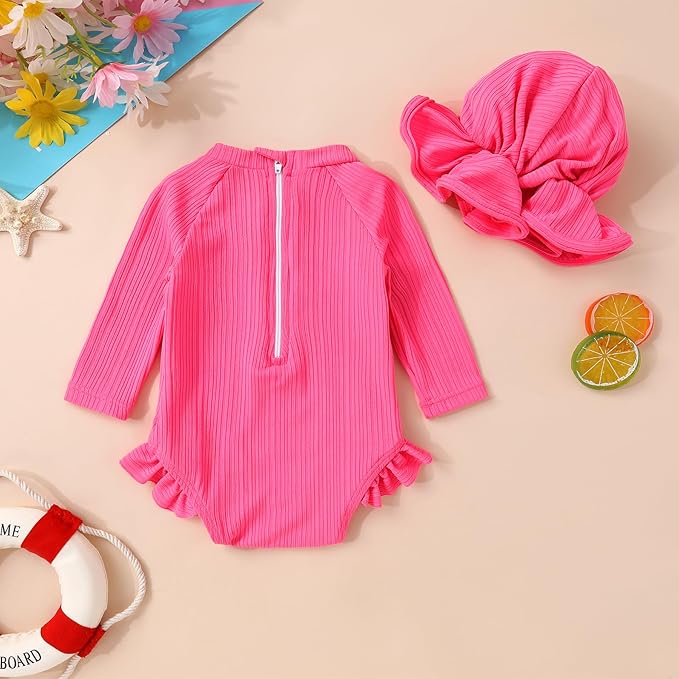 YOUNGER TREE Infant Baby Girls Swimsuit Long Sleeve Swimsuits One Piece Swimsuit Solid Color Bathing Suit with Hat, UPF 50+
