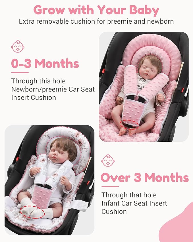 Infant Car Seat Insert with Removable Cushion for Baby Preemie Newborn Infant, Reversible carseat Insert Head Body Support Fits for Stroller, Baby Swing, Rocker, Bouncer, Bassinet - Pink