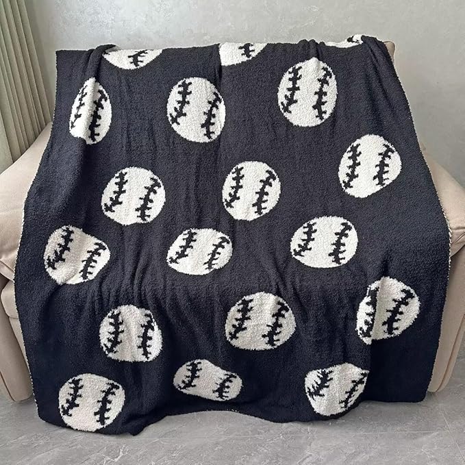 Cozy Baseball Pattern Blanket Perfect Reversible Lightweight Bedding for Adults, Soft, Warm, and Plush Ball Sports Blanket Great for Bed Sofa, Black, 50"x60"