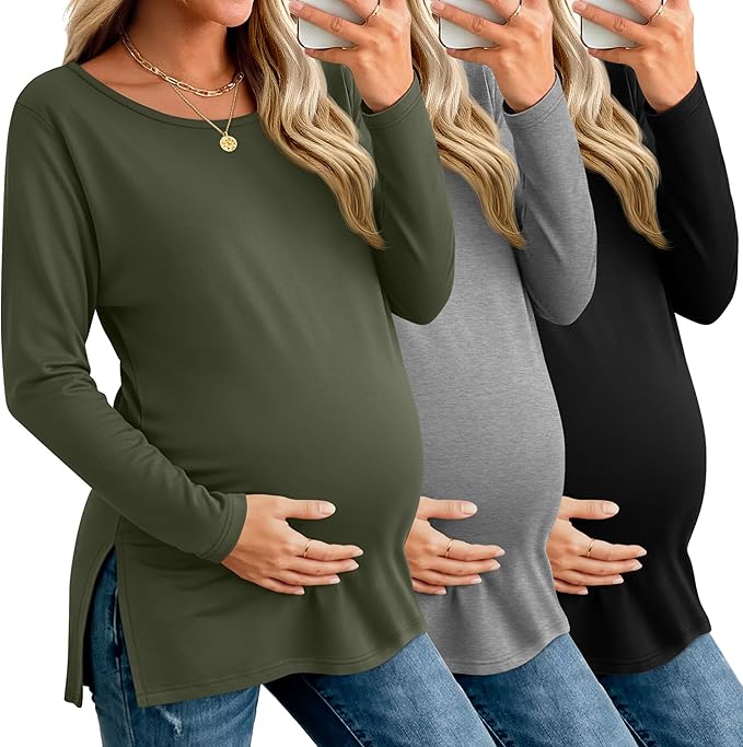 Riyiper 3 Pack Women's Maternity Long Sleeve T-Shirts Round Neck Side Split Tops Loose Casual Pregnancy Mama Clothes Fall