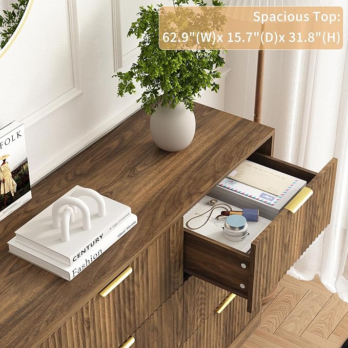 9 Drawer Dresser for Bedroom with Deep Drawers, 63" Wide Wood Dresser, Large Floor Chest of Drawers, Modern Long TV Stand, Mid Century Storage Cabinet Side Table, Natural