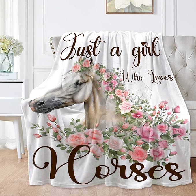 Just A Girl Who Loves Horses Throw Blanket for Women Men Flowers Animals Blanket Gifts for Adults Cute Horse Lightweight Blanket 60X80 Inches for Bed All Season