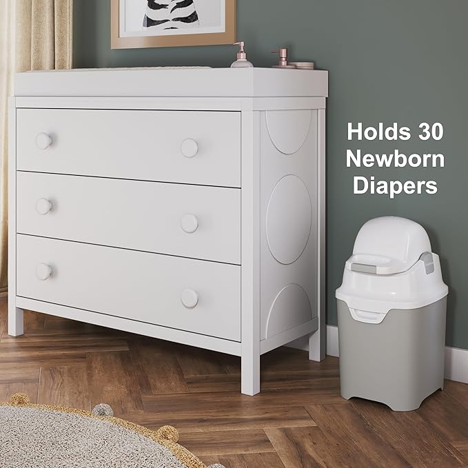 Foundations Mini Diaper Pail with Airtight Lid - Durable & Odorless Diaper Disposal, Large Capacity, Holds up to 30 Newborn Diapers, Refill with Any Bags - Gray