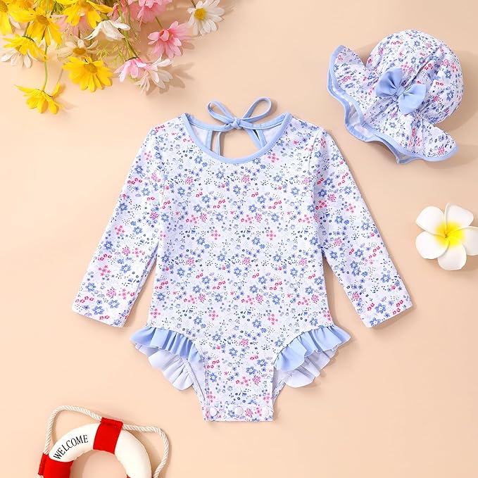 YOUNGER TREE Infant Baby Girls Swimsuit Long Sleeve Swimsuits One Piece Swimsuit Solid Color Bathing Suit with Hat, UPF 50+