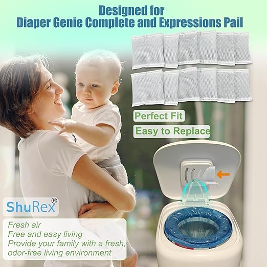 12 Pack Diaper Pail Carbon Filters for Playtex Diaper Genie Complete and Expressions Pail, Charcoal Odor Absorbing Bags for Diaper Genie Diaper Pails with Built-in Odor Controlling Compartment