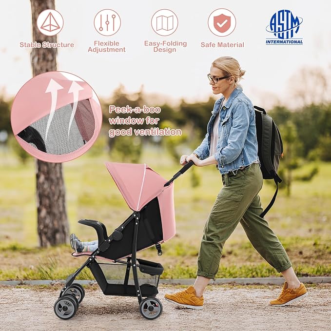 HONEY JOY Lightweight Stroller, Compact Travel Stroller for Airplane, Toddler Fold Pushchair w/Adjustable Canopy & Backrest, Storage Basket, Umbrella Stroller for Infants (Pink)