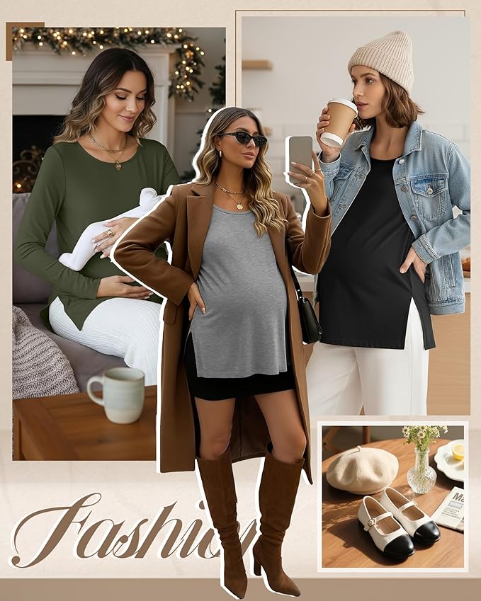 Riyiper 3 Pack Women's Maternity Long Sleeve T-Shirts Round Neck Side Split Tops Loose Casual Pregnancy Mama Clothes Fall