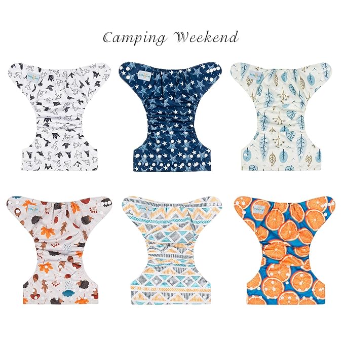 Babygoal Baby Reusable Neutral Cloth Diapers 6 Pack with 10pcs Inserts, One Size Adjustable Washable Pocket Nappy Covers for Baby Boys and Girls 6FN05