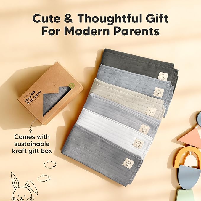 KeaBabies Organic Cotton Burp Cloths Baby Girl, Boy - 6-Pack Large Burping Clothes for Babies, Spit Up Rags, Super Soft & Absorbent Newborn Wash Towels, Gender Neutral, Non-Shrink (Stria, Granite)