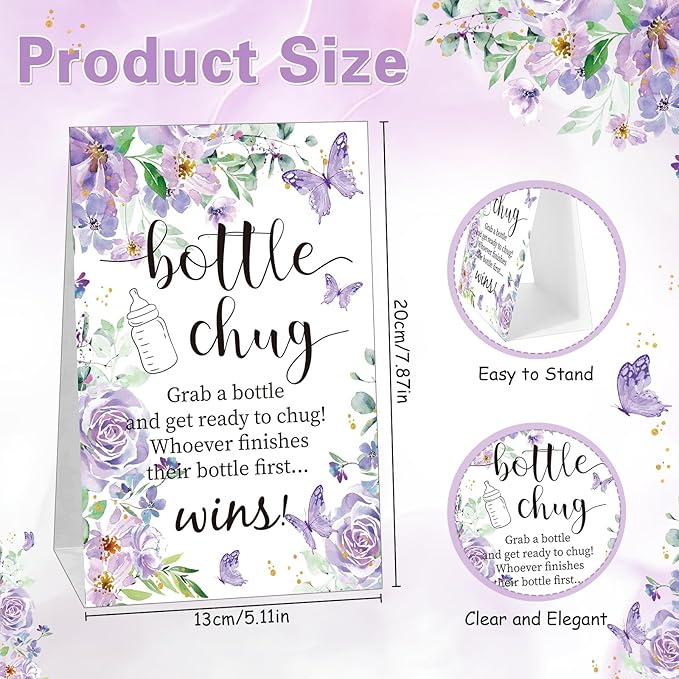TrelaCo Cool Baby Shower Games Sets 12 Pcs Feeding Bottles with 1 Bottle Chug Sign for Gender Reveal Baby Shower Party Favors Decoration Games(Butterfly,Purple)
