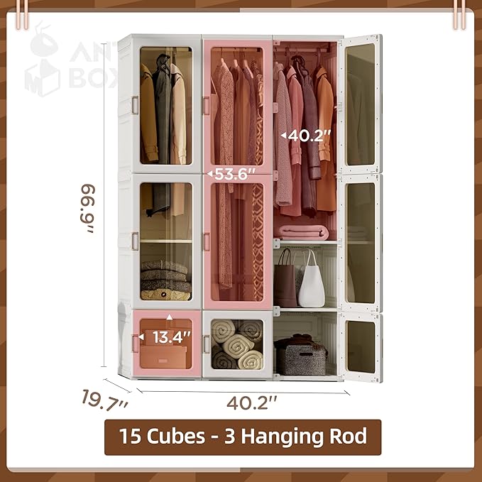 ANTBOX Portable Wardrobe Closet Storage Organizer for Clothes,Transparent Door Panels,Suitable for Living Room, Bedroom,Plastic Wardrobe with Magnetic Door and Easy Assembly (3 Hanging Rod)