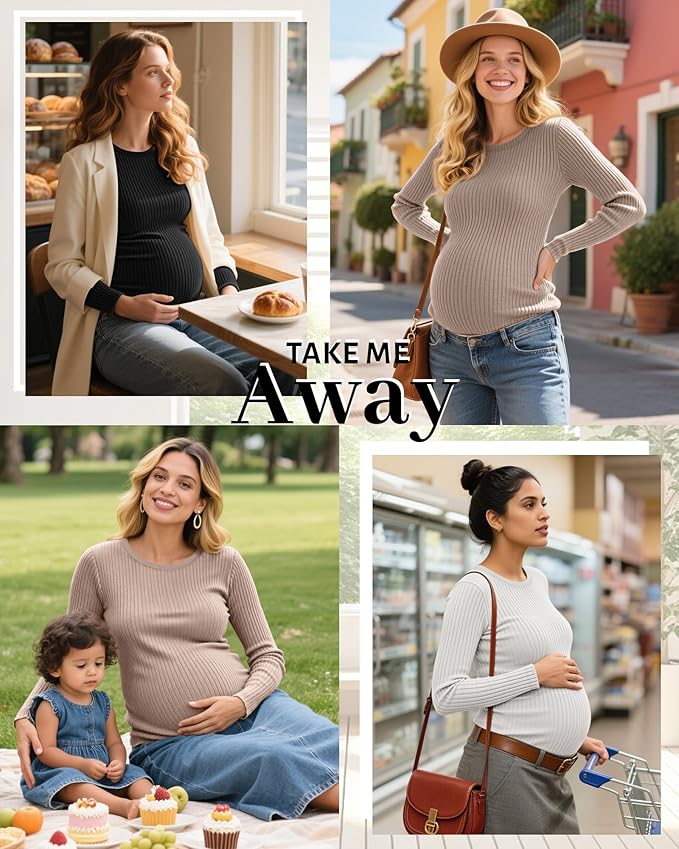 Riyiper 3 Pack Women's Maternity Shirts Long Sleeve Ribbed Knit Pregnancy Tees Cotton Crewneck Tunic Clothes Casual Fall Tops