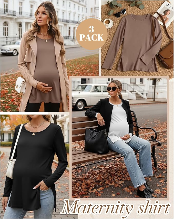 Riyiper 3 Pack Women's Maternity Long Sleeve T-Shirts Round Neck Side Split Tops Loose Casual Pregnancy Mama Clothes Fall