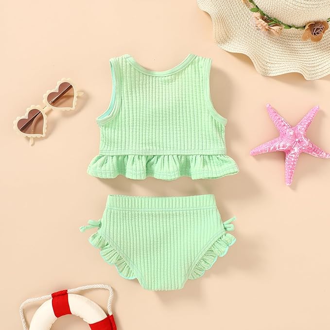 HAPPYMA Baby Swimsuit Toddler Girl Bathing Suit Summer Solid Color Bikini Set Beach Two Piece Swim Wear