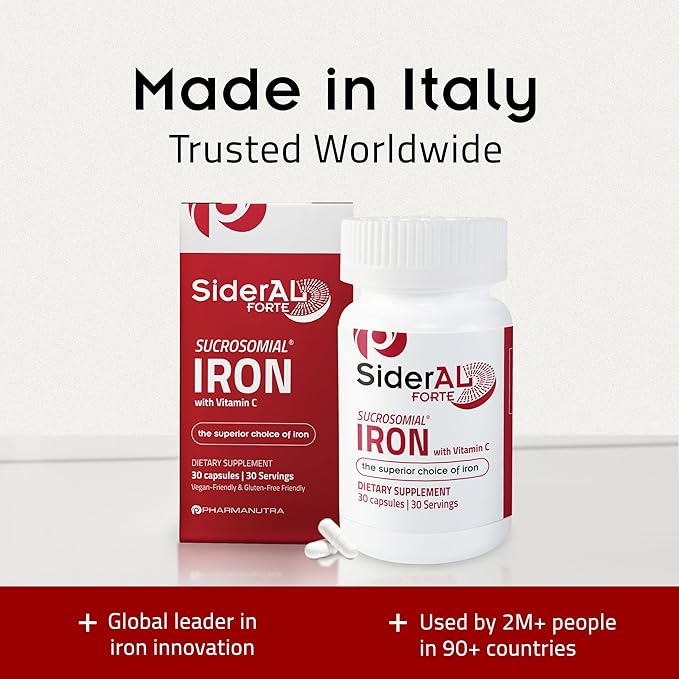 SiderAL Forte Iron Supplement Clinically Proven to Increase Levels Without Side Effects | Sucrosomial High Absorption Gentle Iron Pills for Women and Men | Vitamin C | Anemia & Energy Support | 30 ct