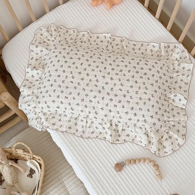 BuLuTu Chic Bellflower Pink Toddler Pillowcase with Ruffles Pillow Cover for Boys Girls 1 2 3 4 5 6 Years Old, Soft Breathable Muslin Cotton Pillow Case for Crib Cot Cradle, 14"x20", 1 pc
