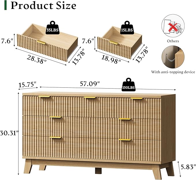 Fluted Dresser with 7 Drawers, 58" Wide Modern Chest of Drawers with Metal Handle, Wooden Dresser TV Stand, Wood Closet Clothes Storage Organizer for Bedroom, Living Room, Hallway, Natural Oak