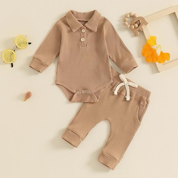 Newborn Baby Boy Girl Clothes Ribbed Knitted Long Sleeve Romper Pants Solid Cotton Infant Fall Winter Outfits 2Pcs