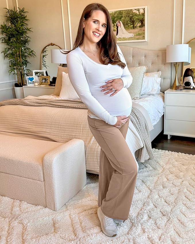 G4Free BareFeel Maternity Dress Yoga Pants Over The Belly Stretchy Work Slack Pregnancy Wide Leg Lounge Trousers
