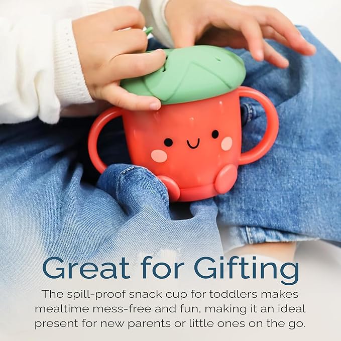Itzy Ritzy Toddler Snack Cup - Spill-Proof Snack Cup for Toddlers with Soft Silicone Lid for Easy Food Access - Easy-To-Hold Kids Snacks Container With Handles - Ideal for 12 months & Up (Strawberry)