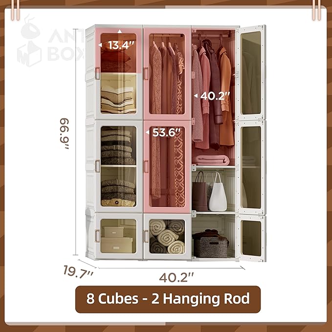 ANTBOX Portable Wardrobe Closet Storage Organizer for Clothes,Suitable for Living Room, Bedroom,Plastic Wardrobe with Magnetic Transparent Door and Easy Assembly 8 Cubes & 2 Hanging Rod