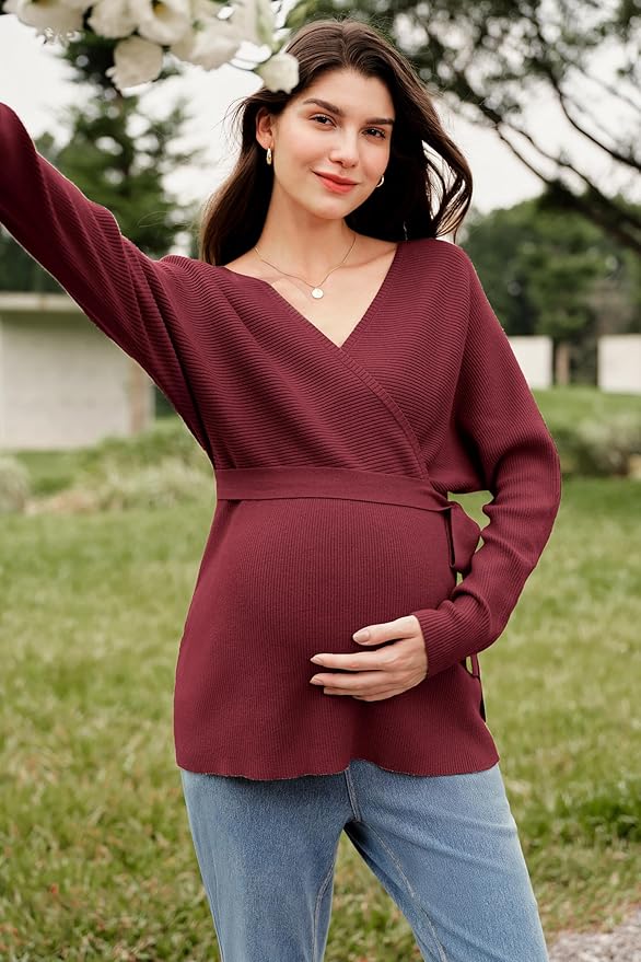 OUGES Womens Soft Cotton Blend Maternity Sweater Wrap V Neck Long Sleeve V Back Fall Shirts Pregnancy Outfits with Belt