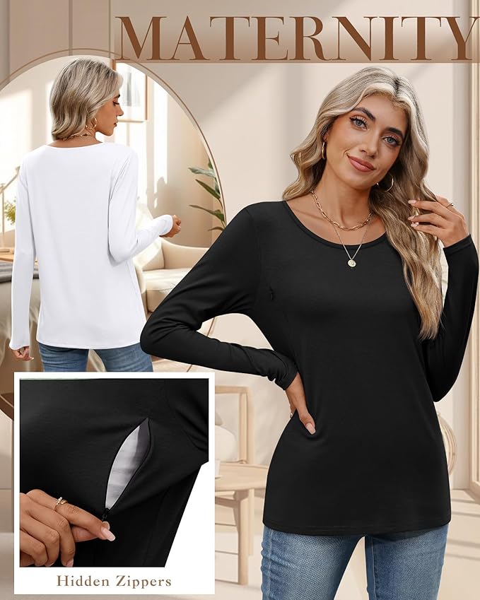 4 Pack Women's Cotton Nursing Tops, Breastfeeding Maternity with Hidden Zippers Crew Neck Long Sleeve Pregnancy Shirts