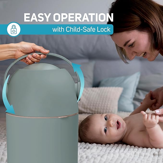 L.A. BABY Magic Diaper Pail - Patented 100% Odor-Free System with Child-Safe Lock - Award-Winning Design - No Refills Required - Works with Regular Trash Bags - Green