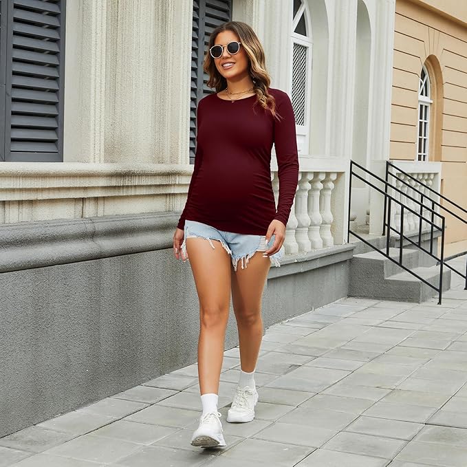 Bhome Women's Maternity Shirts 3 Packs Long Sleeve Pregnancy Tops Basic Side Ruched Tunic Blouse