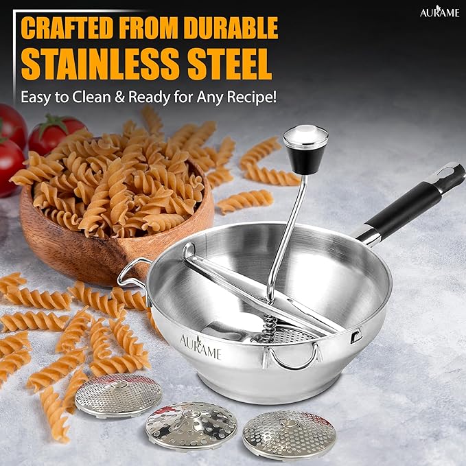 Premium Stainless Steel Food Mill - Effortless Pureeing, Straining & Milling for Soups, Sauces, Baby Food, and More – Includes 3 Interchangeable Discs – Durable & Easy-to-Clean Design
